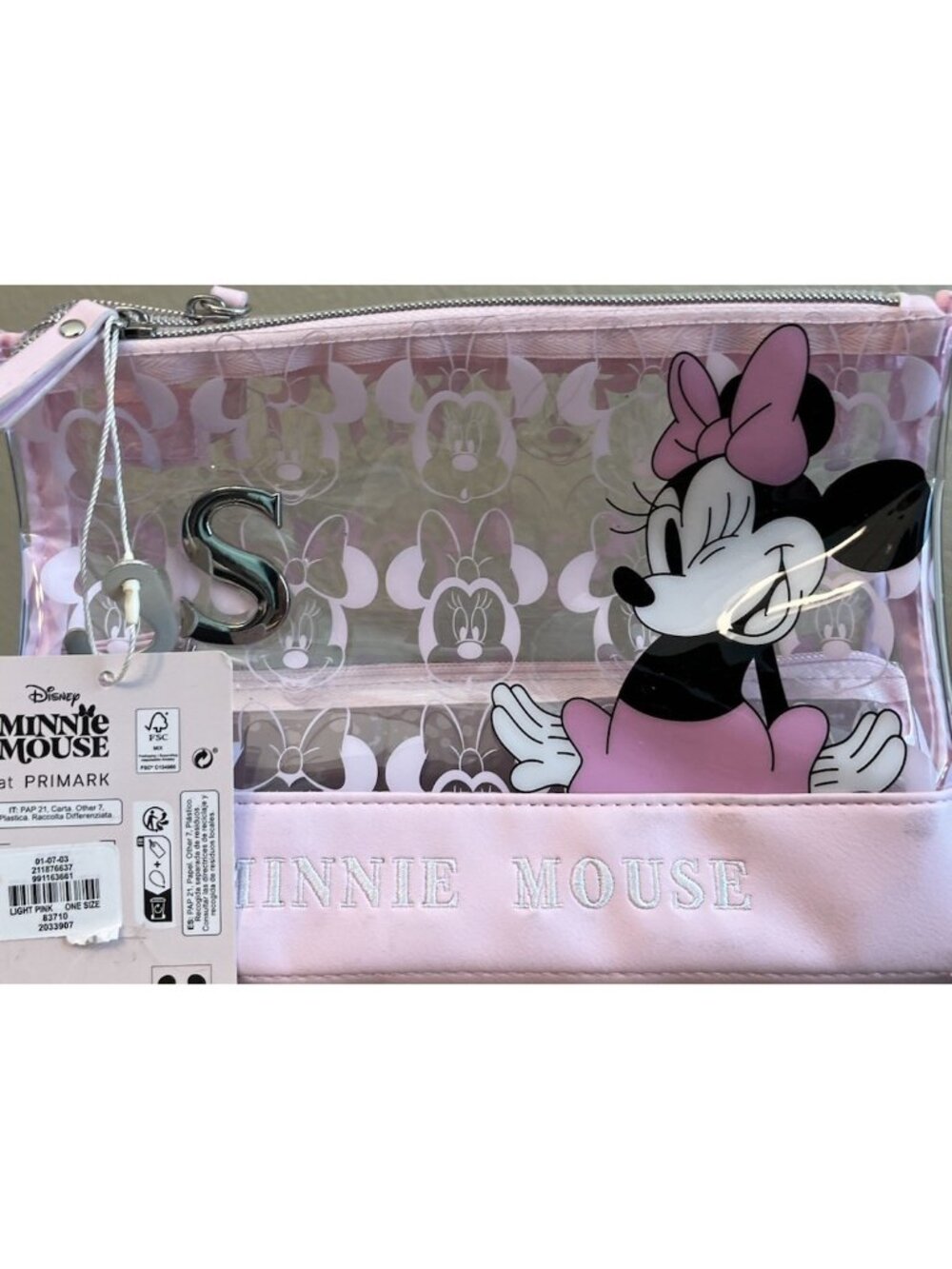 Disney Minnie Mouse Clear PVC Zip Cosmetic Case Makeup Bag Pink Initial S New